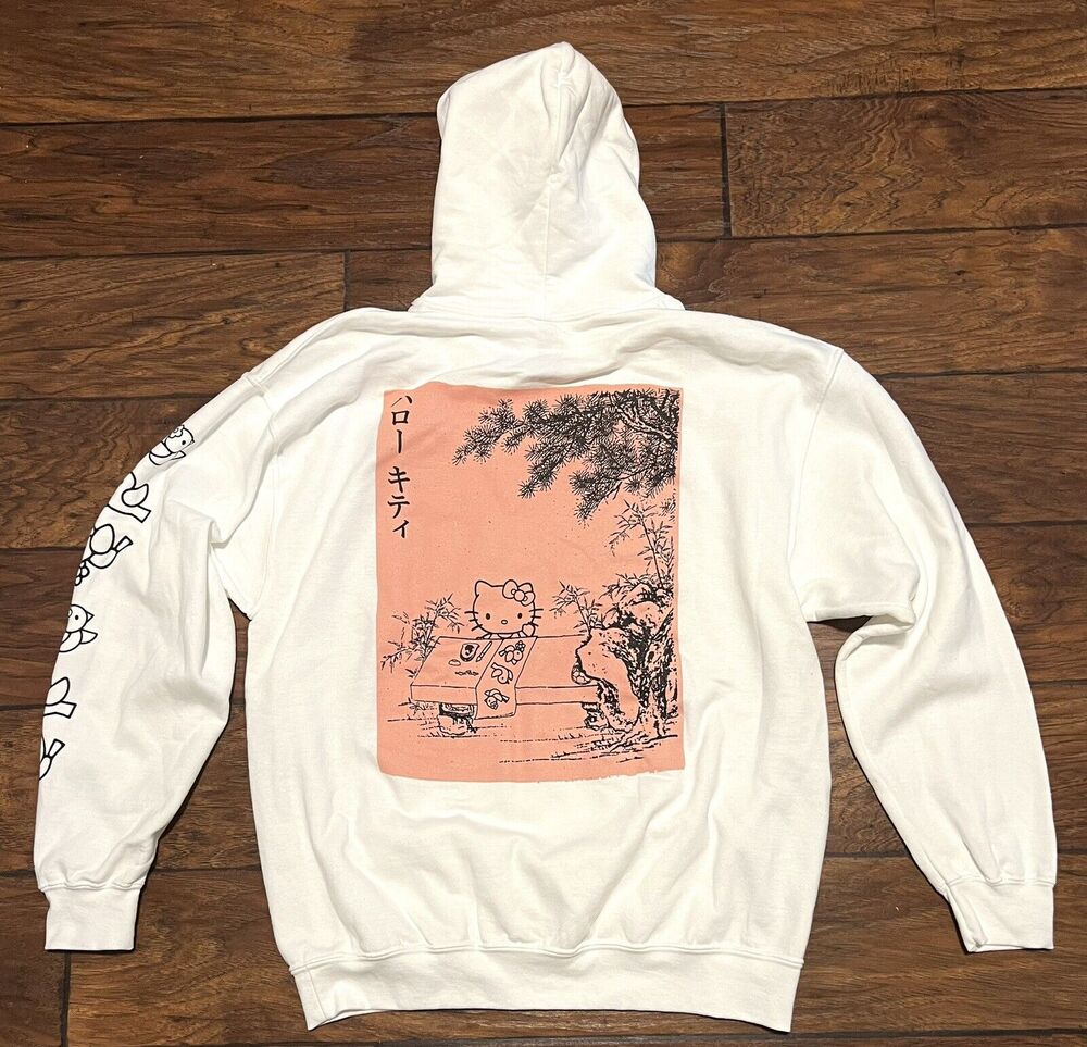 Hello Kitty Hoodie Sz L Large White Peach Pink Sweatshirt Painting Birds